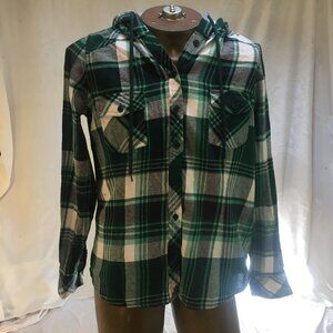 My Style Sz L Green Black Flannel Plaid Tartan Shirt Hoodie Cotton Girls Youth